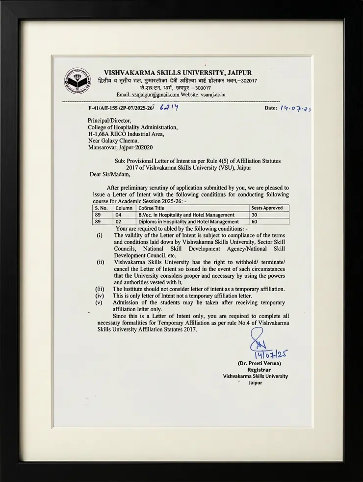 VSU Affiliation Certificate – CHA Jaipur